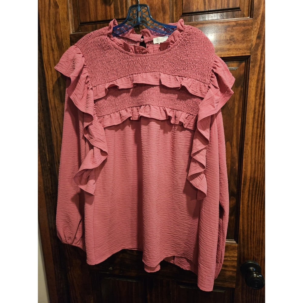 Oddi Women 1X Plus Blouse Mauve Pink Ruffle Smocked Boho Cottage Long Sleeve